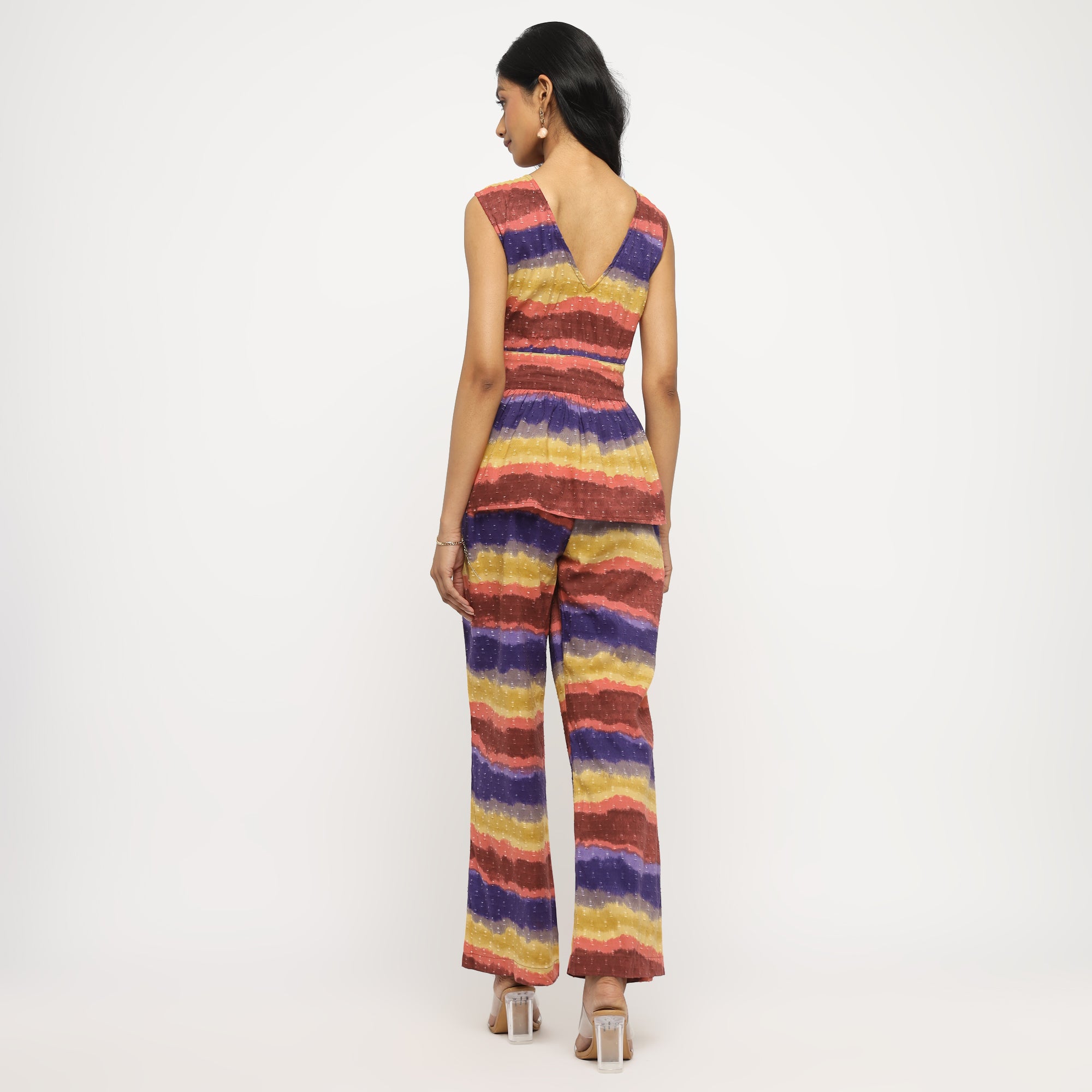 Multicolor Sleeveless Peplum Top & Wide-Leg Pants Co-ord Set
